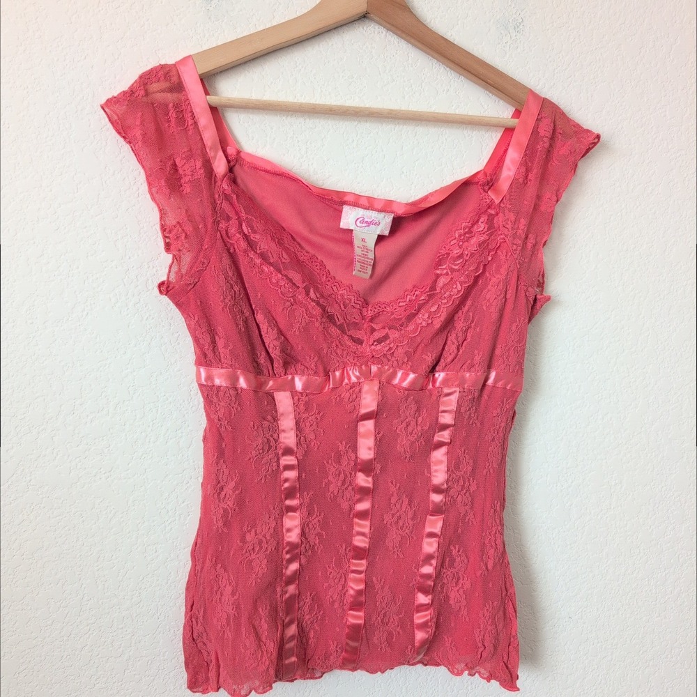 Candies Pink Lace Corset Style Top Cap Sleeve Y2K Vintage XL Satin Trim Coquette